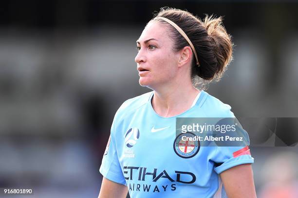 Jodie Taylor of Melbourne City looks on during the W-League Semi Final match between the Brisbane Roar and Melbourne City at Perry Park on February...