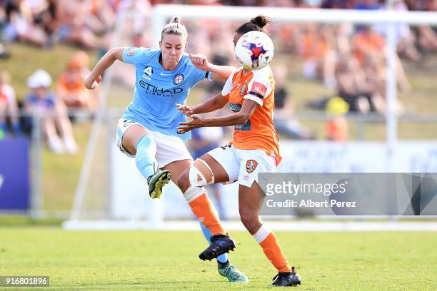 Alanna Kennedy of Melbourne City and Allira Toby of the Roar compete for the ball during the W-League Semi Final match between the Brisbane Roar and...