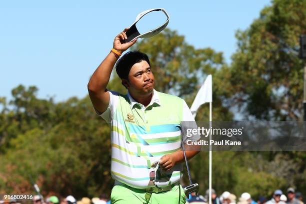 Kiradech Aphibarnrat of Thailand celebrates winning the semi final match against Lucas Herbert of Australia during day four of the World Super 6 at...