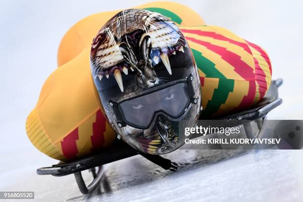 Ghana's Akwasi Frimpong takes part in a training session for the men's skeleton event at the Olympic Sliding Centre, during the Pyeongchang 2018...