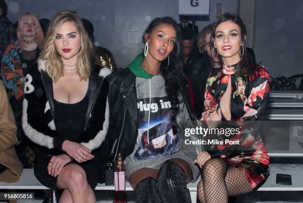 Kate Upton, Maya Jama, and Victoria Justice attend the Philipp Plein fashion show during New York Fashion Week: The Shows on February 10, 2018 in New...