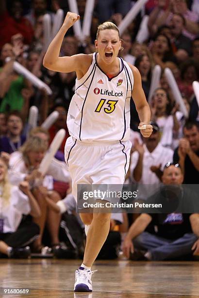 Penny Taylor of the Phoenix Mercury celebrates after scoring against the Indiana Fever in Game Five of the 2009 WNBA Finals at US Airways Center on...