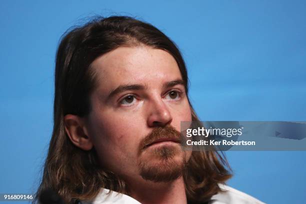 United States Freestyle skier McRae Williams answers questions at a press conference at the Main Press Centre during the PyeongChang 2018 Winter...