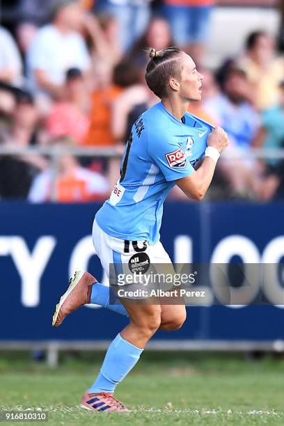 Jessica FIshlock of Melbourne City celebrates scoring a goal during the W-League Semi Final match between the Brisbane Roar and Melbourne City at...