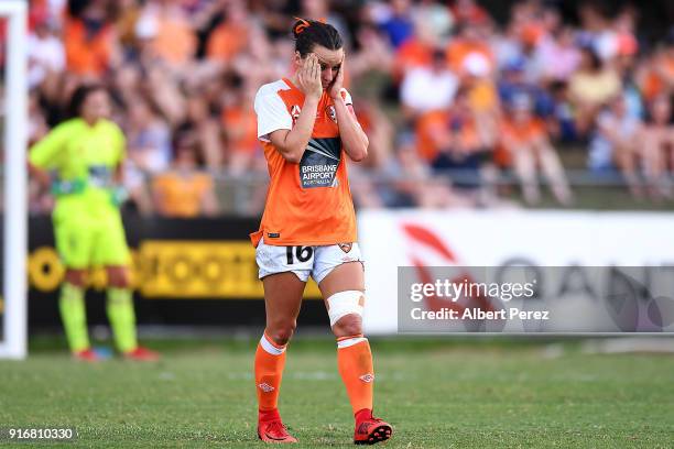 Hayley Raso of the Roar looks dejected during the W-League Semi Final match between the Brisbane Roar and Melbourne City at Perry Park on February...