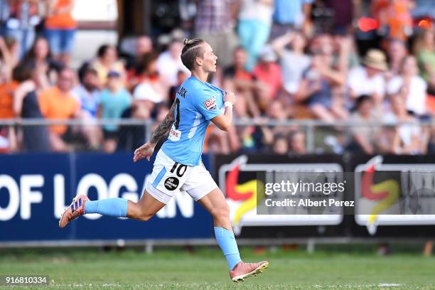 Jessica FIshlock of Melbourne City celebrates scoring a goal during the W-League Semi Final match between the Brisbane Roar and Melbourne City at...
