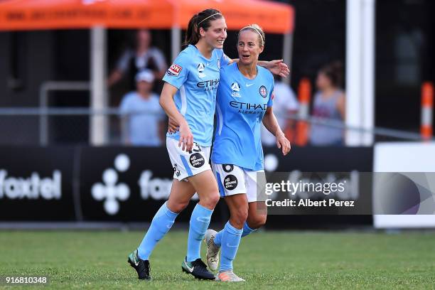 Aivi Luik of Melbourne City celebrates with team mates after scoring a goal during the W-League Semi Final match between the Brisbane Roar and...