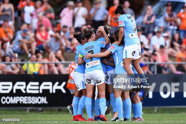 Aivi Luik of Melbourne City celebrates with team mates after scoring a goal during the W-League Semi Final match between the Brisbane Roar and...