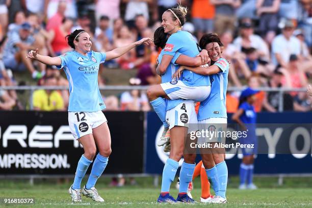 Aivi Luik of Melbourne City celebrates with team mates after scoring a goal during the W-League Semi Final match between the Brisbane Roar and...