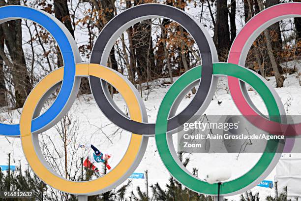 Simen Hegstad Krueger of Norway wins the gold medal during the Cross-Country Men's Skiathlon at Alpensia Cross-Country Centre on February 11, 2018 in...