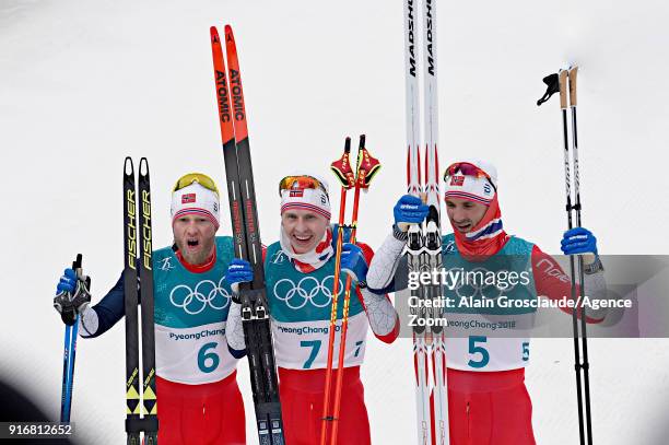 Martin Johnsrud Sundby of Norway wins the silver medal, Simen Hegstad Krueger of Norway wins the gold medal, Hans Christer Holund of Norway wins the...