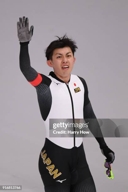 Seitaro Ichinohe of Japan celebrates his time during the Men's 5000m Speed Skating event on day two of the PyeongChang 2018 Winter Olympic Games at...