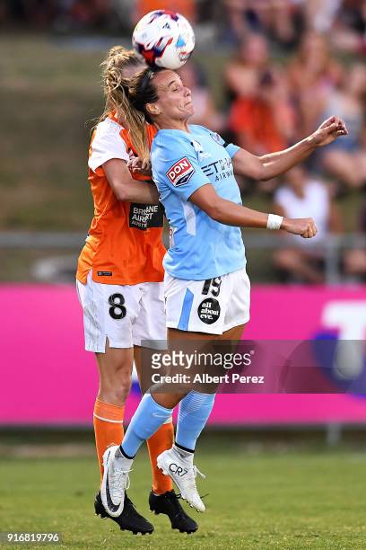 Tyla Jay Vlajnic of Melbourne City and Kaitlyn Torpey of the Roar compete for the ball during the W-League Semi Final match between the Brisbane Roar...