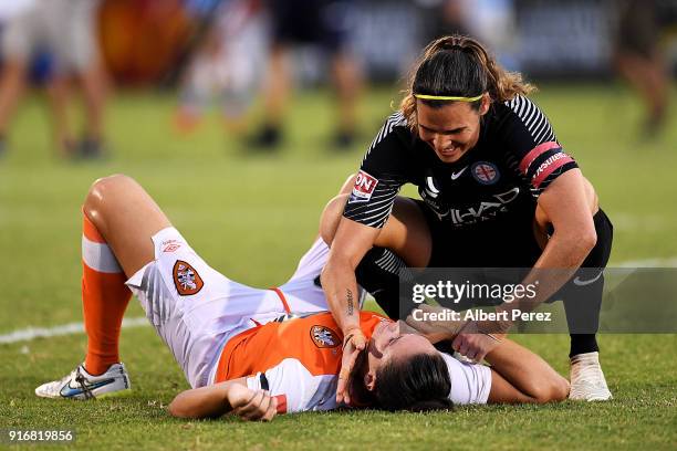 Lydia Williams of Melbourne City consoles Emily Gielnik of the Roar after the W-League Semi Final match between the Brisbane Roar and Melbourne City...