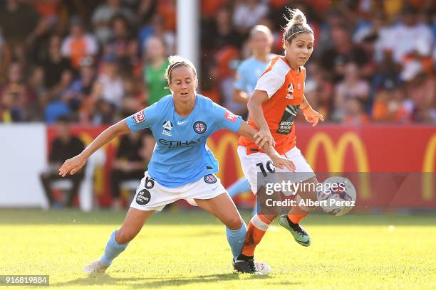 Aivi Luik of Melbourne City and Katrina Gorry of the Roar compete for the ball during the W-League Semi Final match between the Brisbane Roar and...