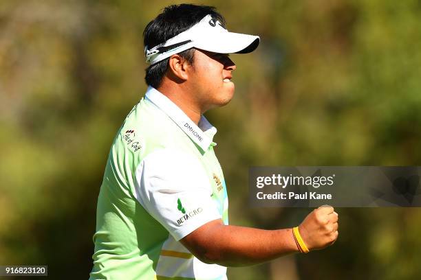 Kiradech Aphibarnrat of Thailand celebrates winning the final match against James Nitties of Australia during day four of the World Super 6 at Lake...