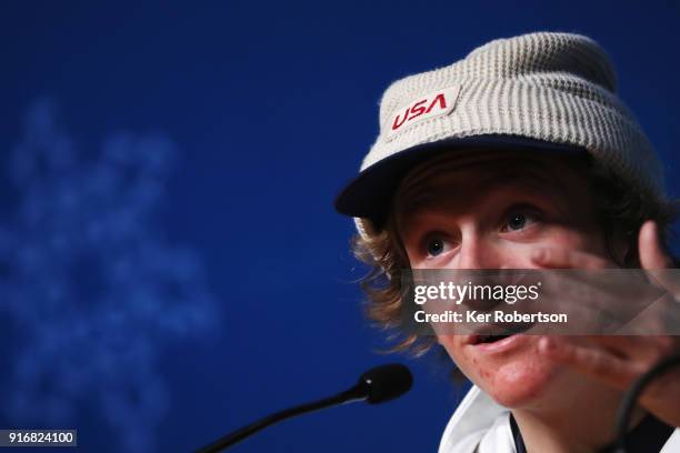 Snowboard Men's Slopestyle gold medal winner Red Gerard of the United States talks at a press conference at the Main Press Centre during the...