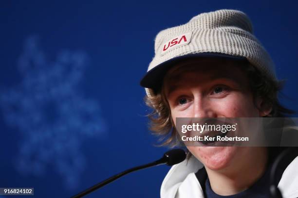 Snowboard Men's Slopestyle gold medal winner Red Gerard of the United States talks at a press conference at the Main Press Centre during the...