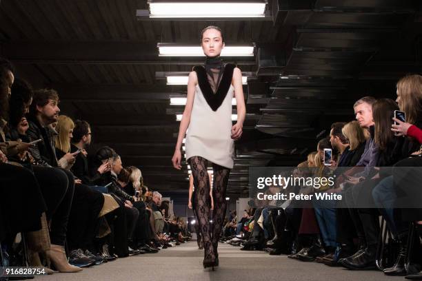 Model walks the runway at Alexander Wang Fashion Show during New York Fashion Week at 4 Times Square on February 10, 2018 in New York City.