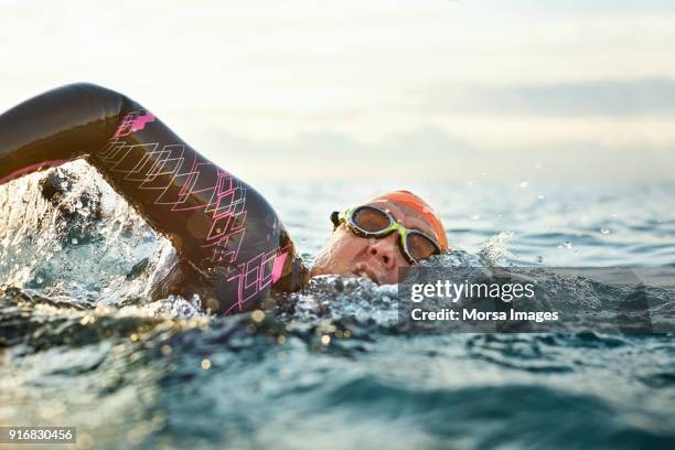 determined mature woman swimming in sea - wetsuit stock pictures, royalty-free photos & images