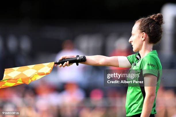 Assistant referee Ellie Hayes signals for offside during the W-League Semi Final match between the Brisbane Roar and Melbourne City at Perry Park on...