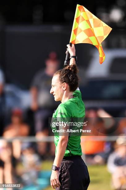 Assistant referee Ellie Hayes signals for offside during the W-League Semi Final match between the Brisbane Roar and Melbourne City at Perry Park on...