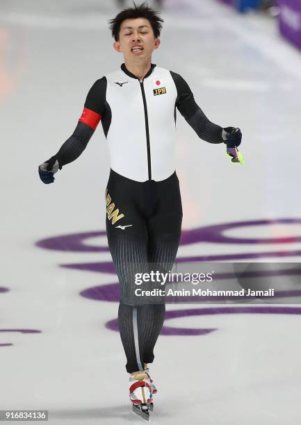 Seitaro Ichinohe of Japan celebrates his time during the Men's 5000m Speed Skating event on day two of the PyeongChang 2018 Winter Olympic Games at...