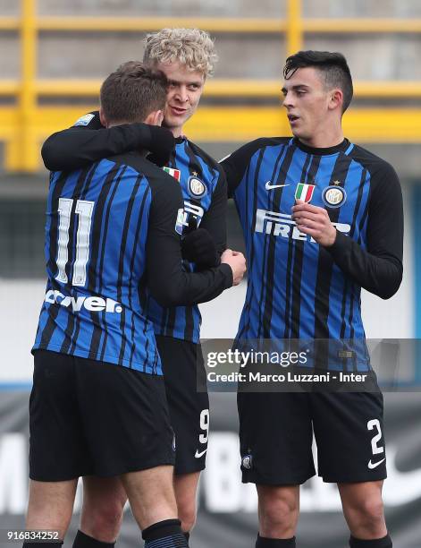Jens Odgaard of FC Internazionale celebrates his goal with his team-mates Facundo Colidio and Gabriele Zappa during the Primavera Serie A match...