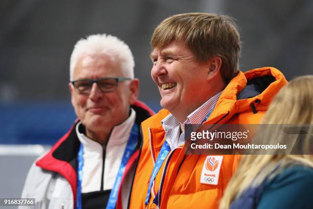 King of the Netherlands Willem-Alexander attends the Men's 5000m Speed Skating event on day two of the PyeongChang 2018 Winter Olympic Games at...