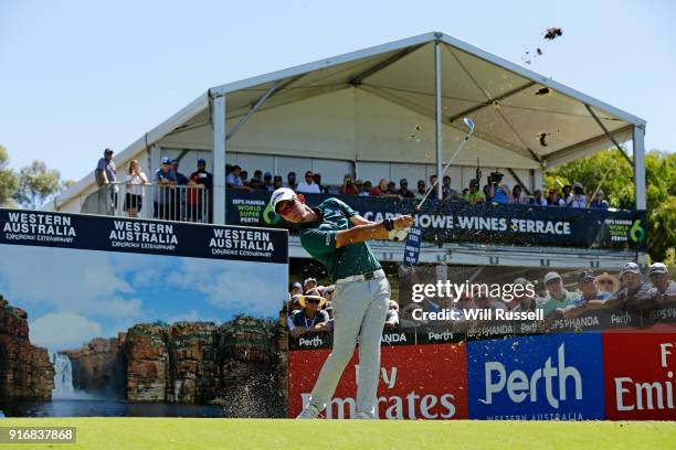 James Nitties of Australia takes his tee shot on the 5th hole in the final against Kiradech Aphibarnrat of Thailand during day four of the World...