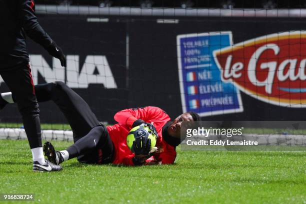 Loic Badiashile of Monaco warm up during the Ligue 1 match between Angers SCO and AS Monaco at Stade Raymond Kopa on February 10, 2018 in Angers, .