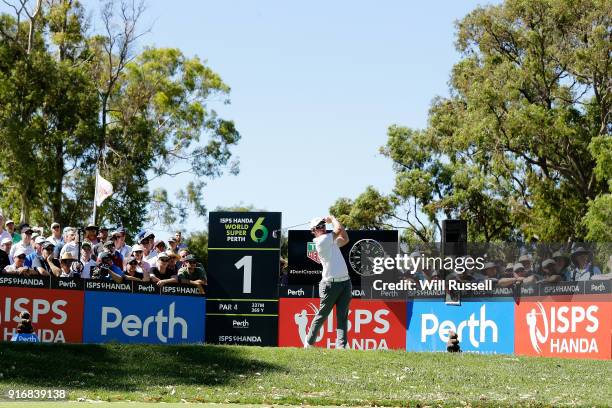 Sam Horsfield of England takes his tee shot on the 1st hole in the play-off against Lucas Herbert of Australia during day four of the World Super 6...