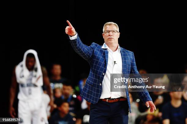 Head Coach Dean Vickerman of United reacts during the round 18 NBL match between the New Zealand Breakers and Melbourne United at Spark Arena on...