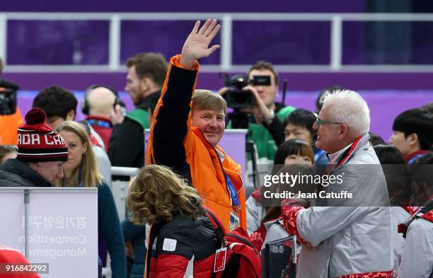 King Willem-Alexander of the Netherlands celebrates the gold medal of countryman Sven Kramer in the Speed Skating Men's 5000m during the 2018 Winter...