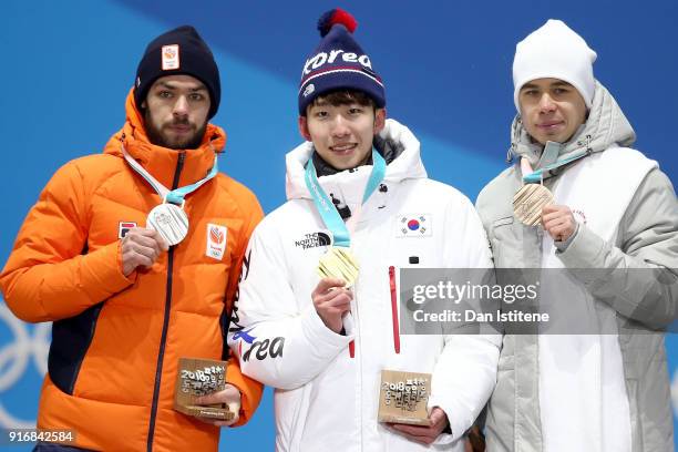 Silver medalist Sjinkie Knegt of the Netherlands, gold medalist Lim Hyo Jun of South Korea and bronze medalist Semen Elistratov of Olympic Athletes...