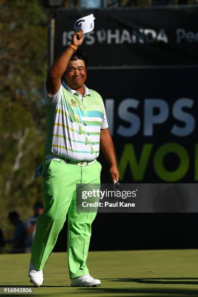 Kiradech Aphibarnrat of Thailand celebrates winning the final match against James Nitties of Australia during day four of the World Super 6 at Lake...