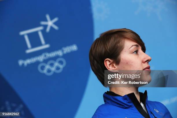 Skeleton athlete Lizzy Yarnold of Great Britain attends a press conference at the Main Press Centre during the PyeongChang 2018 Winter Olympic Games...