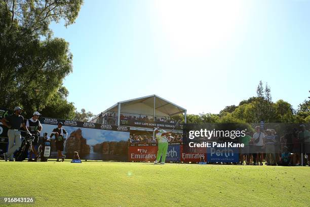 Kiradech Aphibarnrat of Thailand plays his tee shot on the 5th hole in the final match against James Nitties of Australia during day four of the...