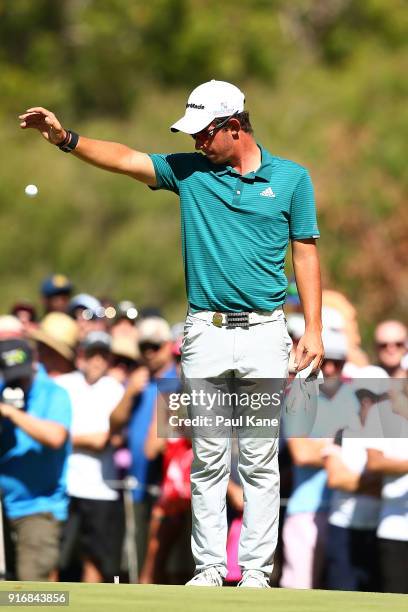 Lucas Herbert of Australia takes a drop in the semi final match against Kiradech Aphibarnrat of Thailand during day four of the World Super 6 at Lake...