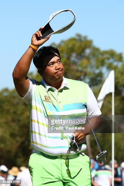 Kiradech Aphibarnrat of Thailand celebrates winning the semi final match against Lucas Herbert of Australia during day four of the World Super 6 at...