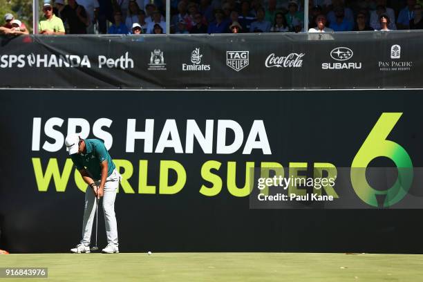 Lucas Herbert of Australia putts on the 6th green in the semi final match against Kiradech Aphibarnrat of Thailand during day four of the World Super...