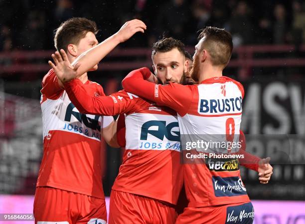 Idir Ouali forward of KV Kortrijk celebrates with teammates after scoring pictured during the Jupiler Pro League match between K.V. Kortrijk and...