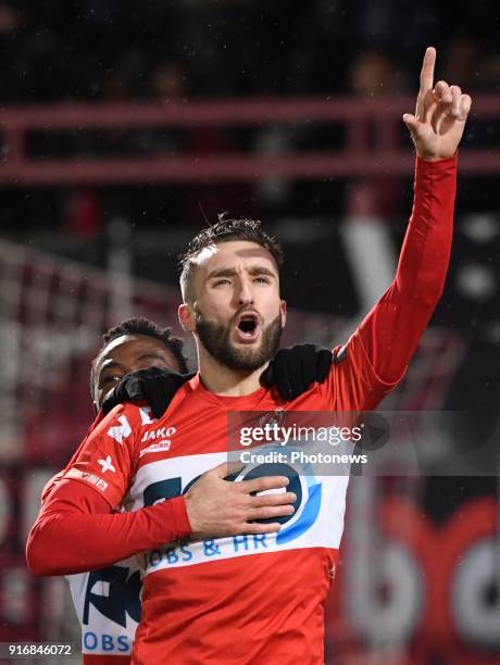 Idir Ouali forward of KV Kortrijk celebrates with teammates after scoring pictured during the Jupiler Pro League match between K.V. Kortrijk and...