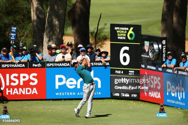 Lucas Herbert of Australia plays his tee shot on the 6th hole in the semi final match against Kiradech Aphibarnrat of Thailand during day four of the...