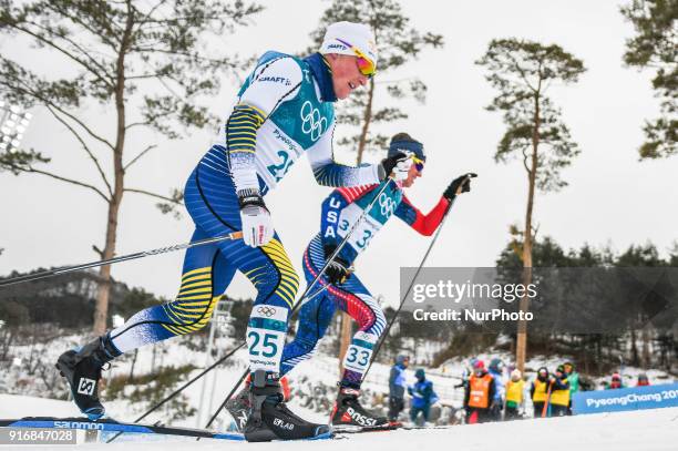 Jens Burman of Sweden and Scott Patterson of United States at Men's 15km + 15km Skiathlon at olympics at Alpensia cross country stadium, Pyeongchang,...