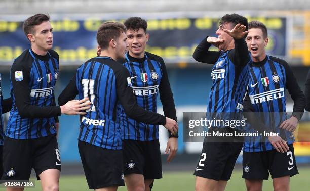 Gabriele Zappa of FC Internazionale celebrates his goal with his team-mates during the Primavera Serie A match between FC Internazionale U19 and...