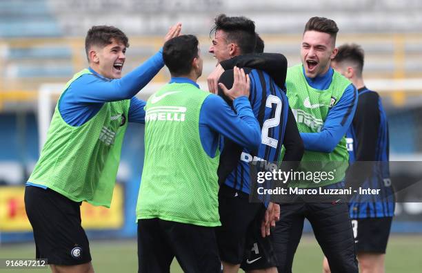 Gabriele Zappa of FC Internazionale celebrates his goal with his team-mates during the Primavera Serie A match between FC Internazionale U19 and...