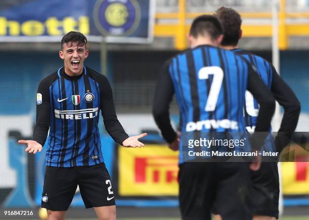 Gabriele Zappa of FC Internazionale celebrates his goal with his team-mates during the Primavera Serie A match between FC Internazionale U19 and...