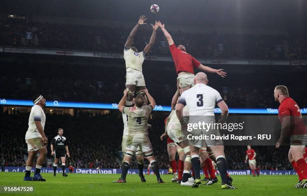 Maro Itoje of England wins the lineout from Cory Hill during the NatWest Six Nations match between England and Wales at Twickenham Stadium on...