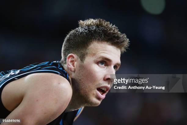 Tom Abercrombie of the Breakers looks on during the round 18 NBL match between the New Zealand Breakers and Melbourne United at Spark Arena on...